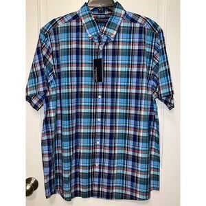 NWT Roundtree & Yorke Men Large Blue Plaid Short Sleeve Button Down Cotton Shirt
